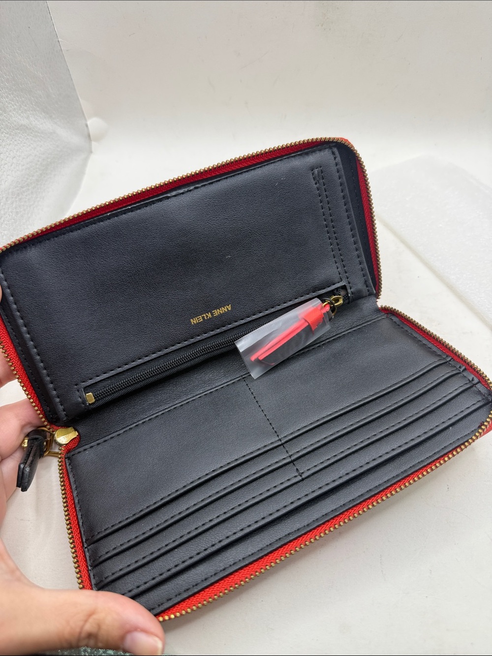 NWT Anne Klein Abstract Slim Zip Around Wallet Red Black Tan ID Card Holder - Picture 9 of 14